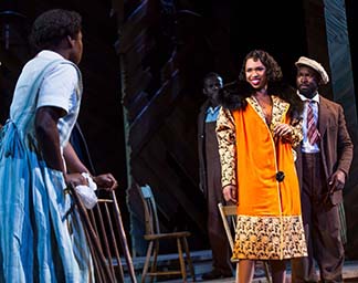 Cynthia Erivo as Celie, Jennifer Hudson as Shug Avery, Isaiah Johnson as Mister, photo Matthew Murphy