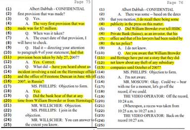 HSBC puts $7 million aside for legal costs in July while Browder admits to knowing of theft of companies only in Oct
