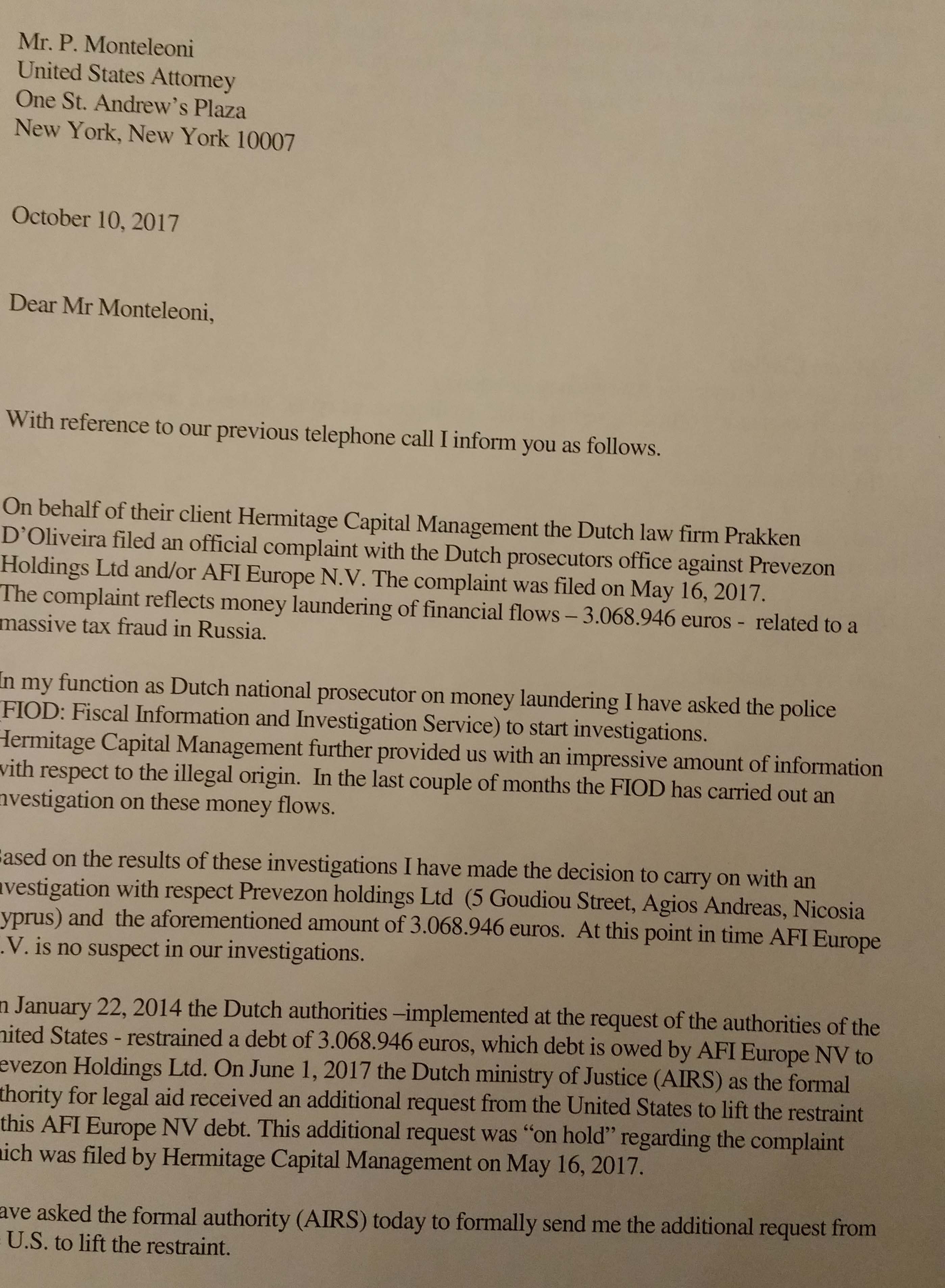 Dutch letter to DOJ