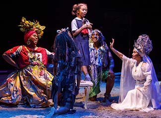 Alex Newell as Asaka, child, Norm Lewis as Agwe, Lea Salonga as Erzulie, photo Joan Marcus