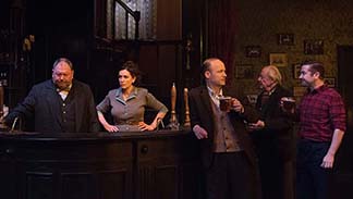 Mark Addy as Harry and Sally Rogers as Alice, and bar regulars, photo Ahron R. Foster
