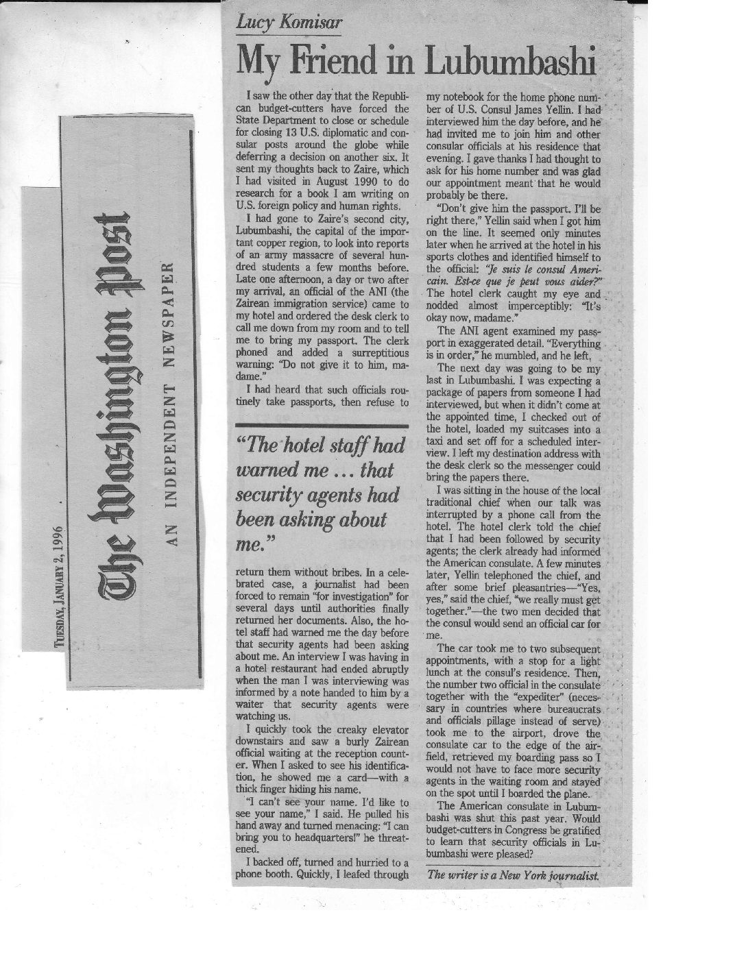 Washington Post My Friend in Lubumbashi