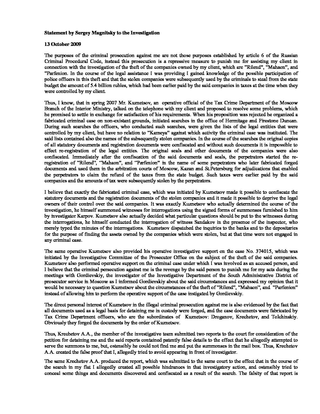 Magnitsky statement to investigation Oct 13, 2009 Eng