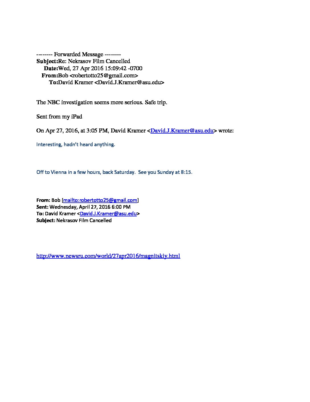 Otto email -to Kramer on NBC investigation