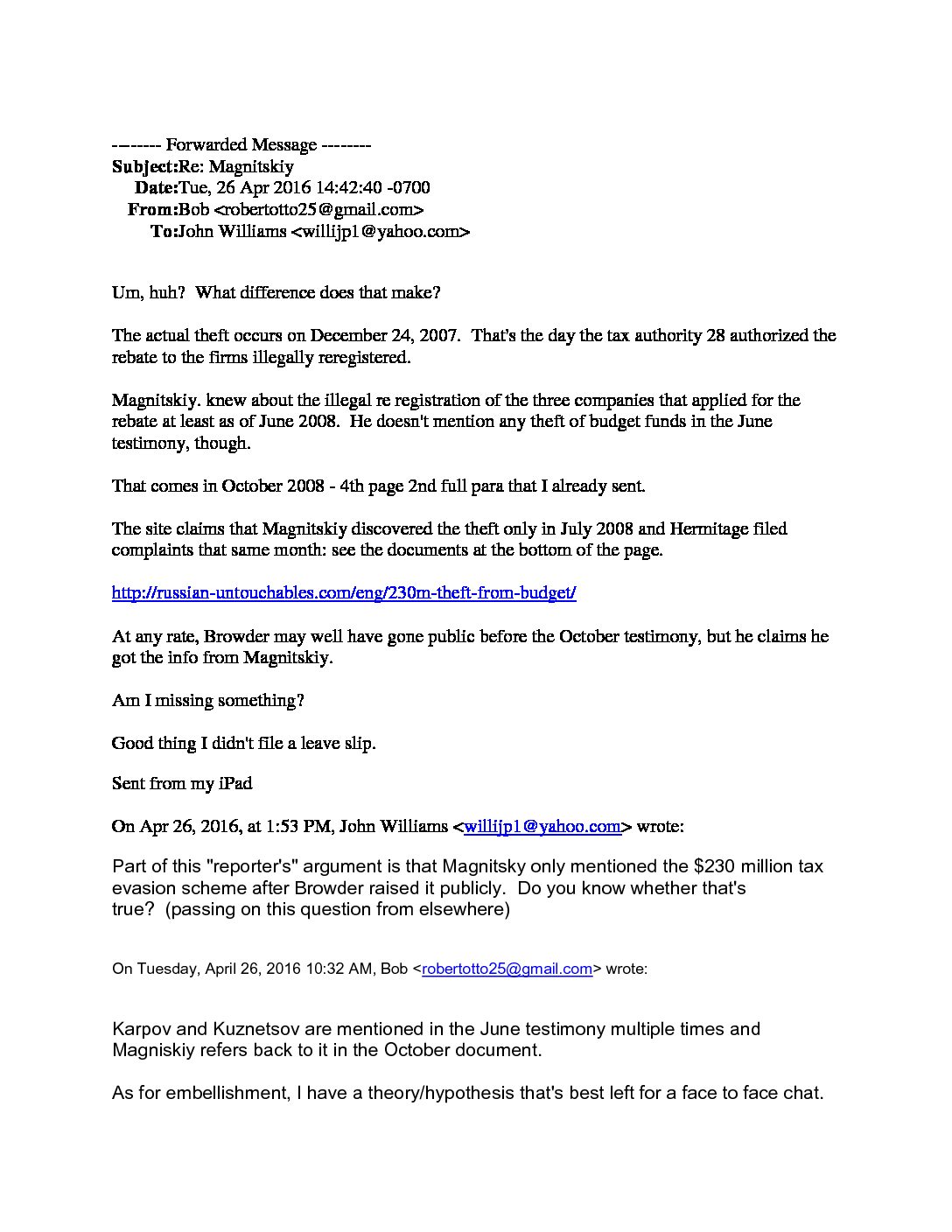 Otto email -when did Magnitsky know