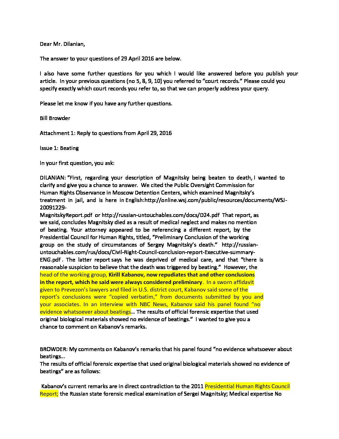 browder response to dilinian questions
