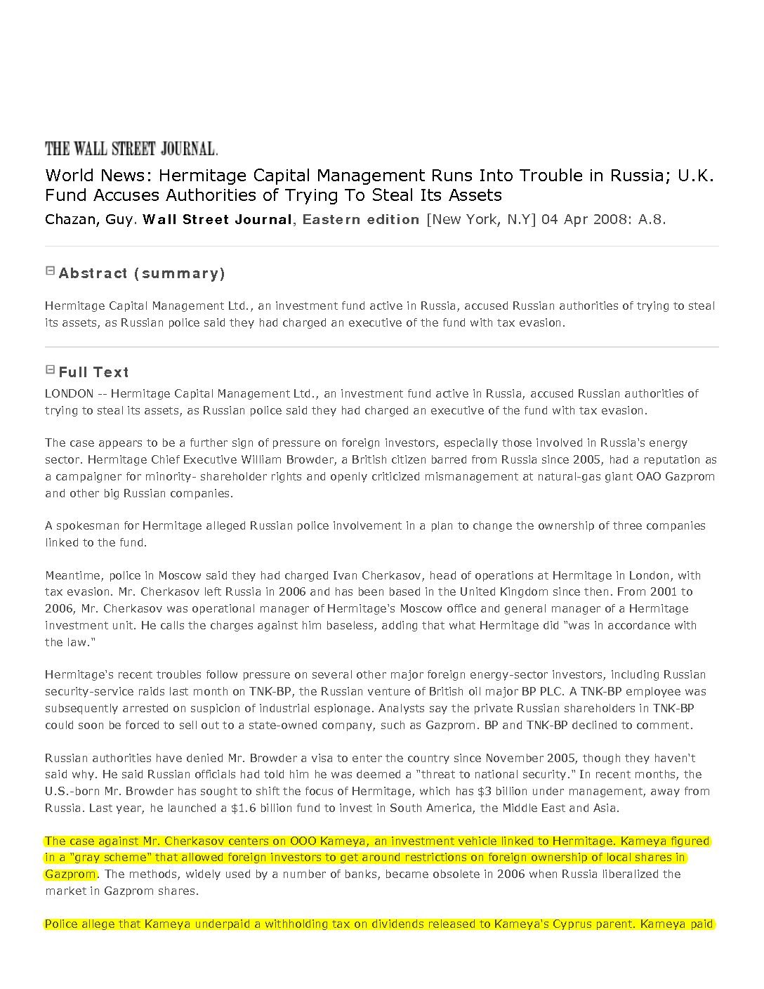 gazprom scam vs charge takeover of companies, wsj 2008-04-04-
