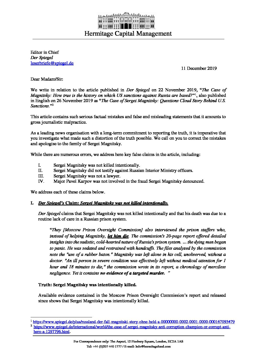 2019 12 11 Letter from Browder to Spiegel Chief Editor (sent)