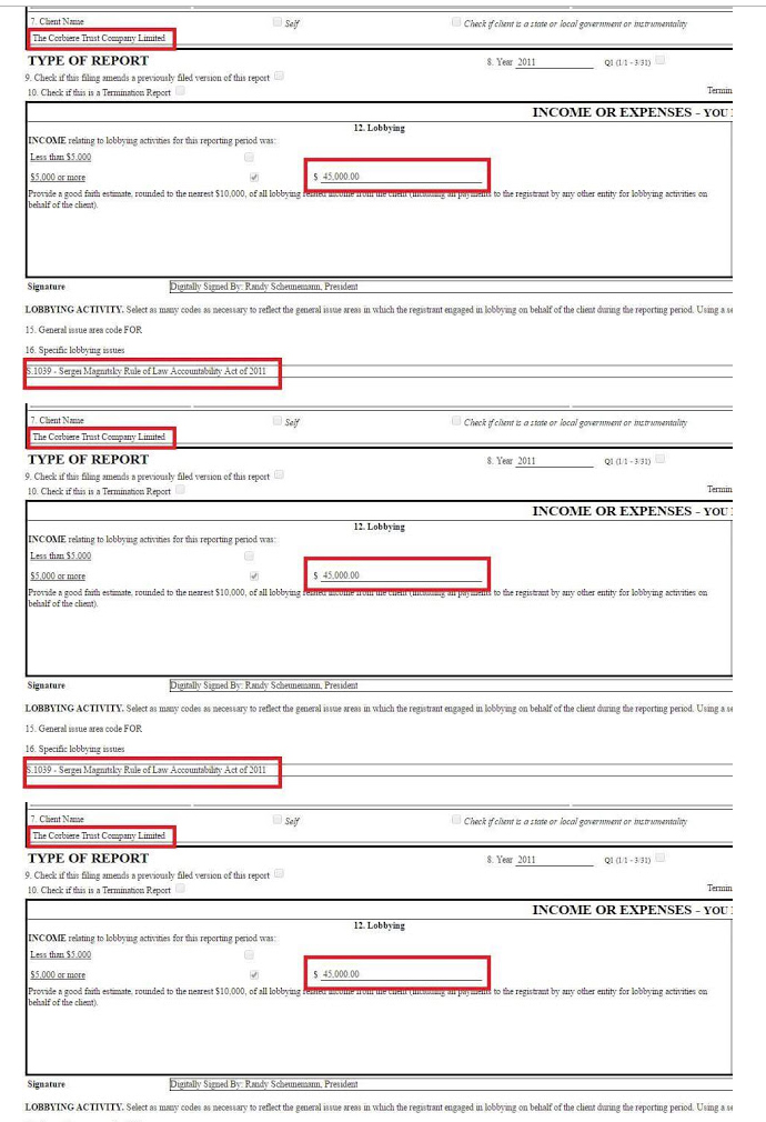 Corbiere lobbying for Magnitsky Act 2011