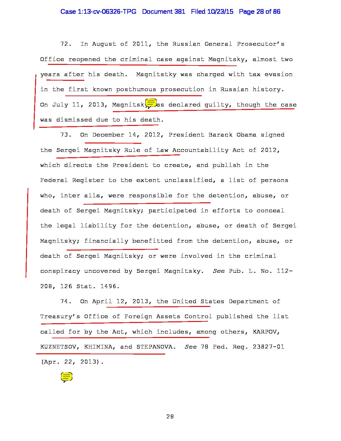 DOJ 2nd complaint 2015 says Magnitsky was declared guilty but case dismissed