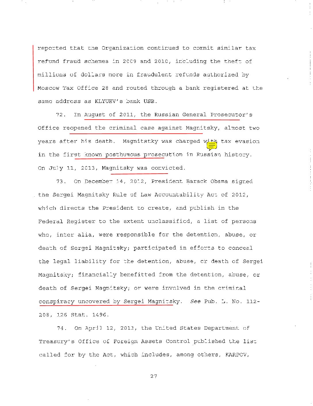 DOJ first complaint 2013 says Magnitsky was convicted