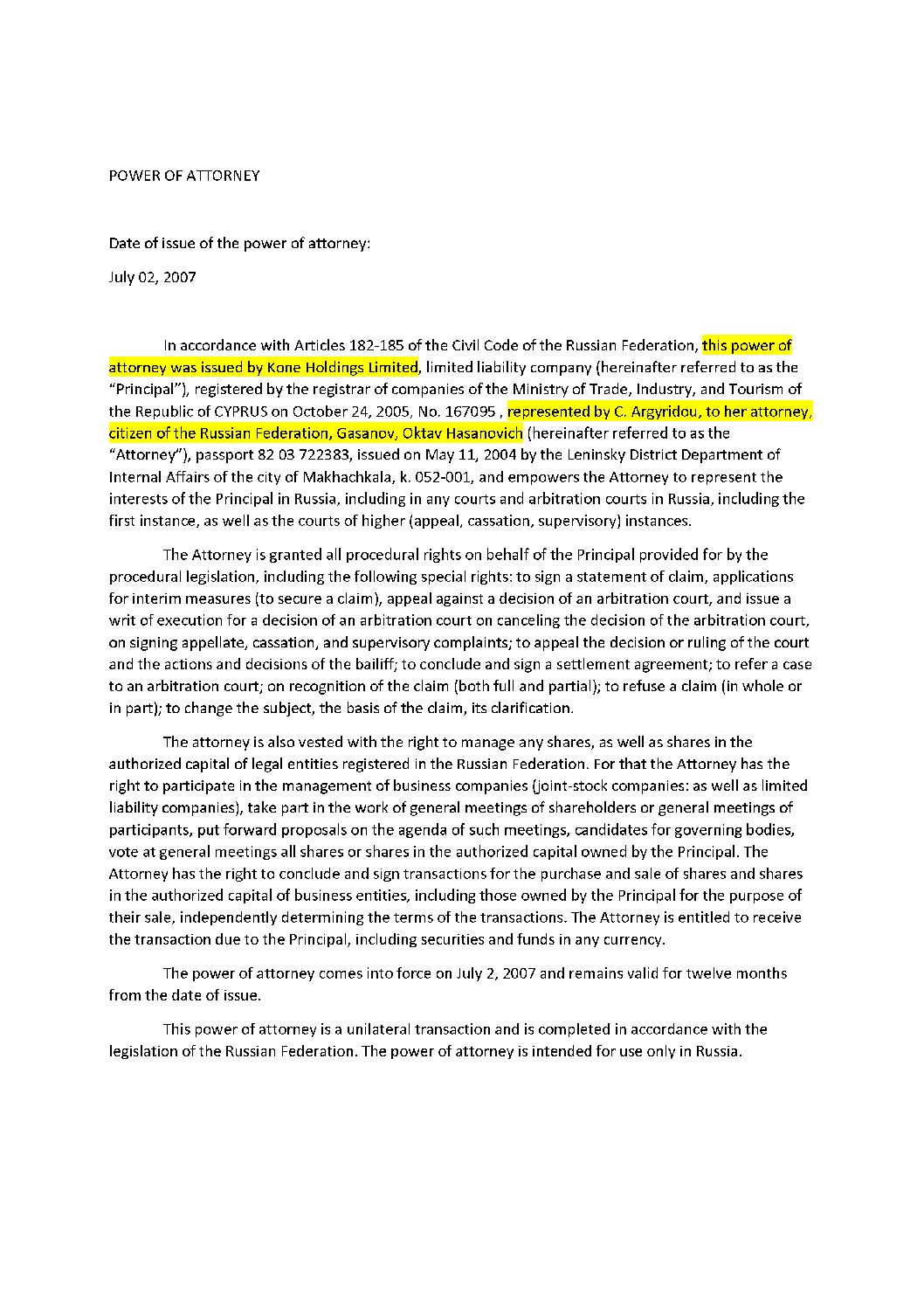 Kone Holdings power of attorney, English translation