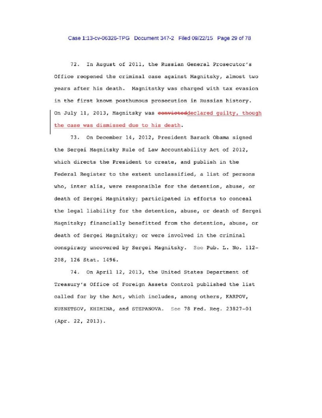 change in charge re Magnitsky convicted