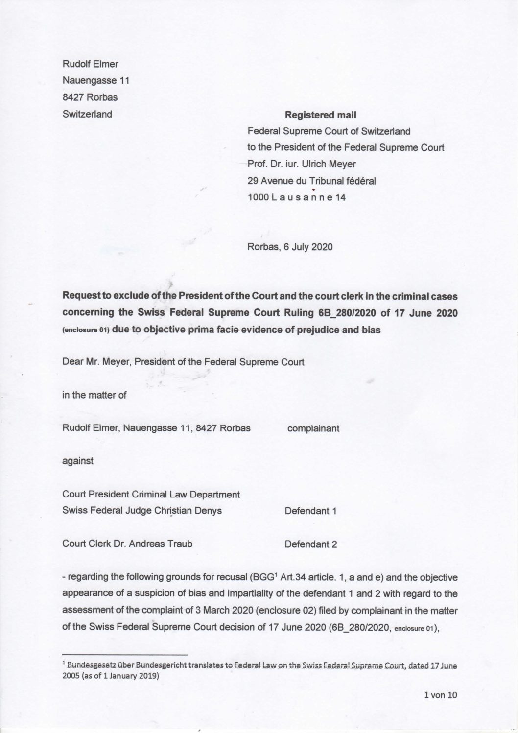 Encl 01 English Complaint President of Swiss Federal Court U Meyer 6 July 2020-1