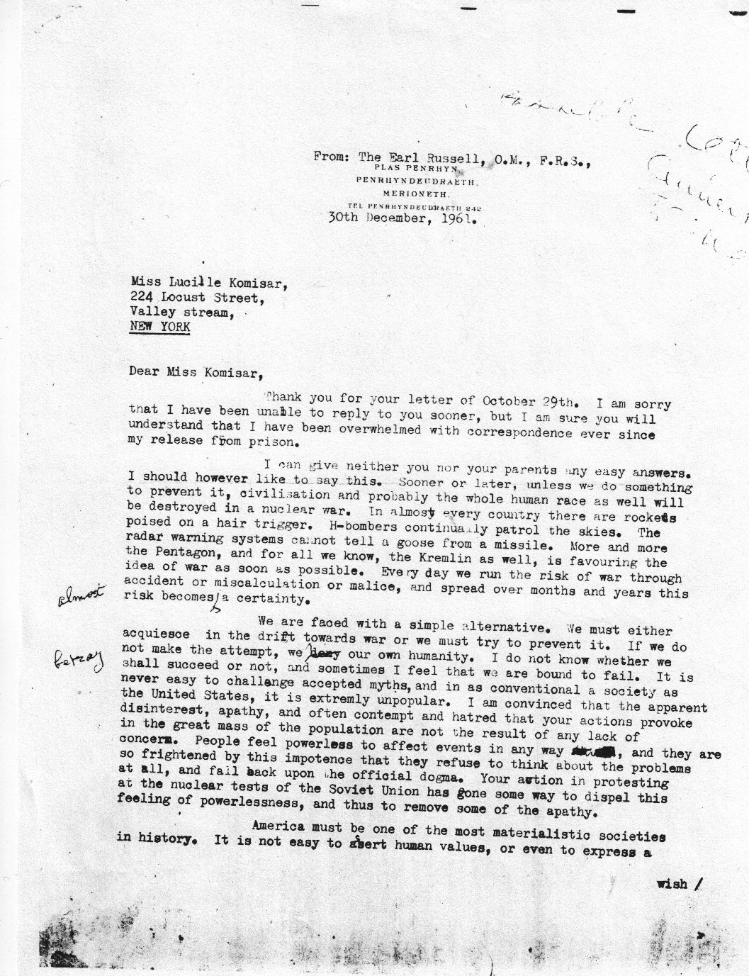 Bertrand Russell letter & aricle abt protest at Soviet mission over bomb test