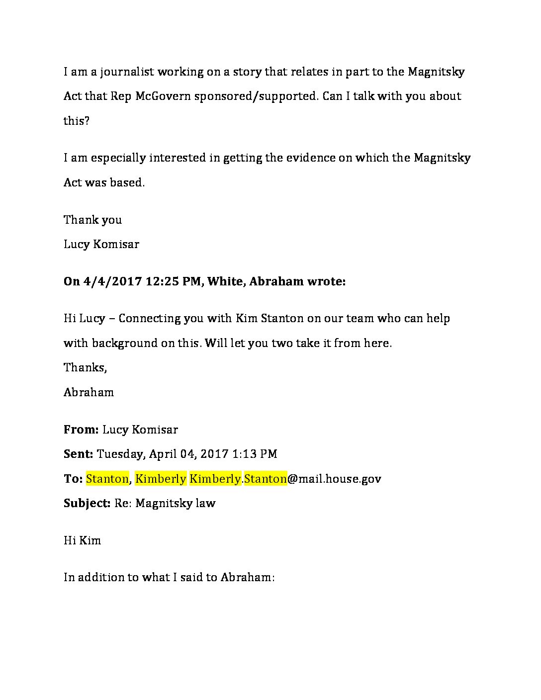 Response from Kimberly Stanton