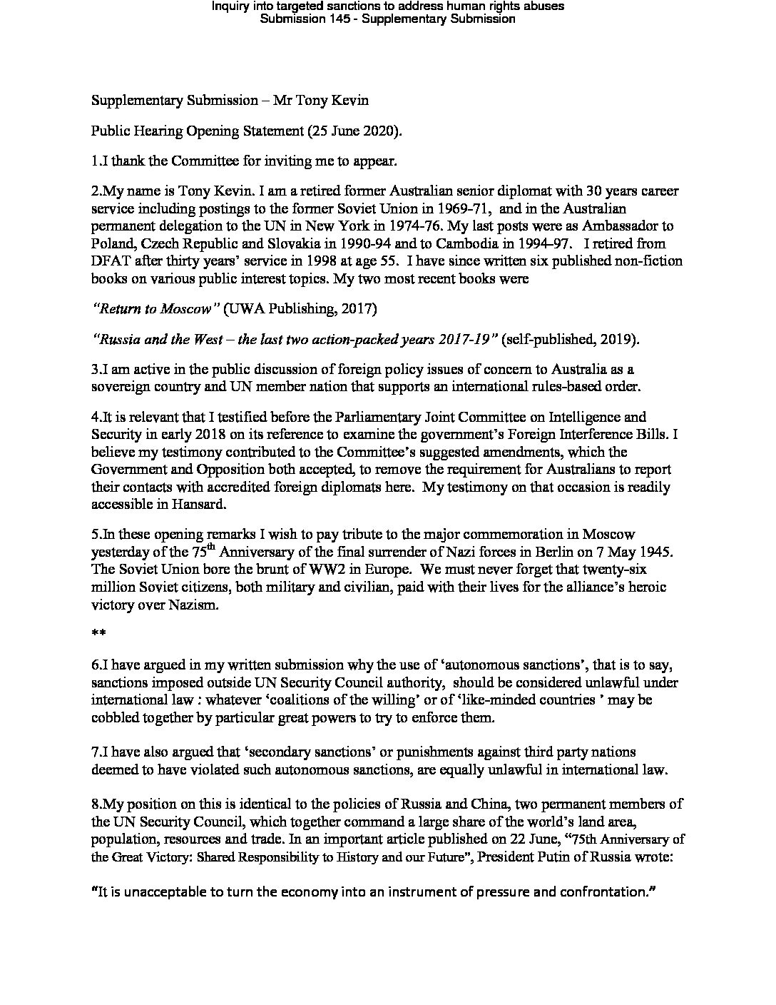 145.1 Sub – Tony Kevin Supp Sub Opening Statement