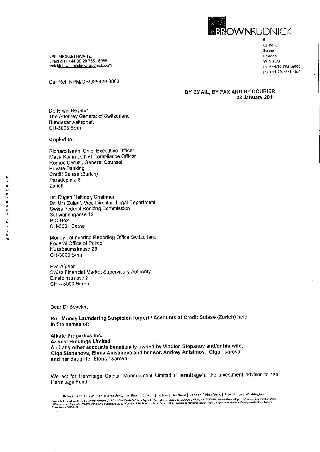 Text of Brown Rudnick complaint to Swiss