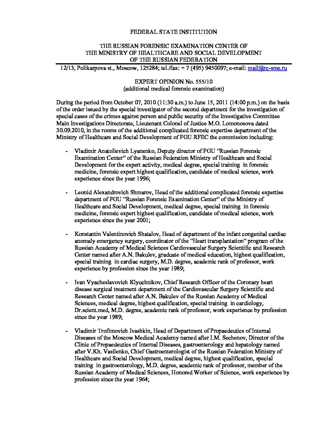 forensic report 2011 08 17 Medical expertise No 555 – 10 ENG