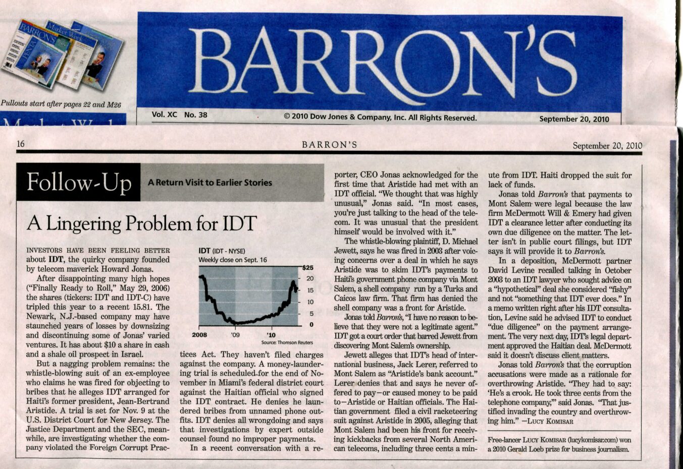 Barron’s- A Lingering Problem for IDT, by Lucy Komisar, Sept 20, 2010