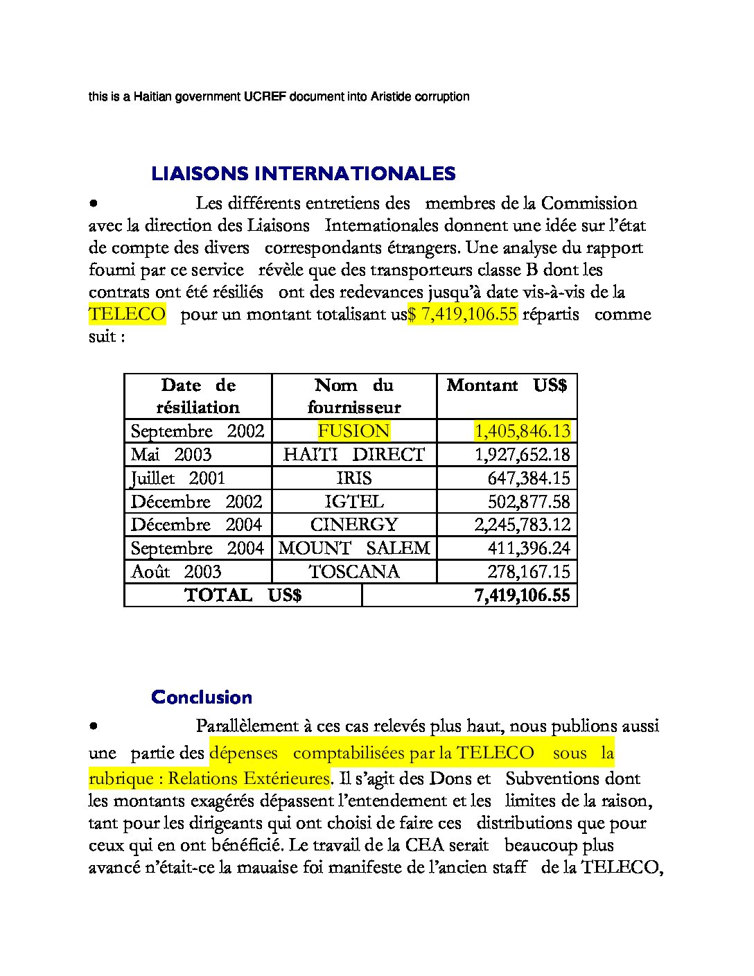Haitian government UCREF document into Aristide corruption