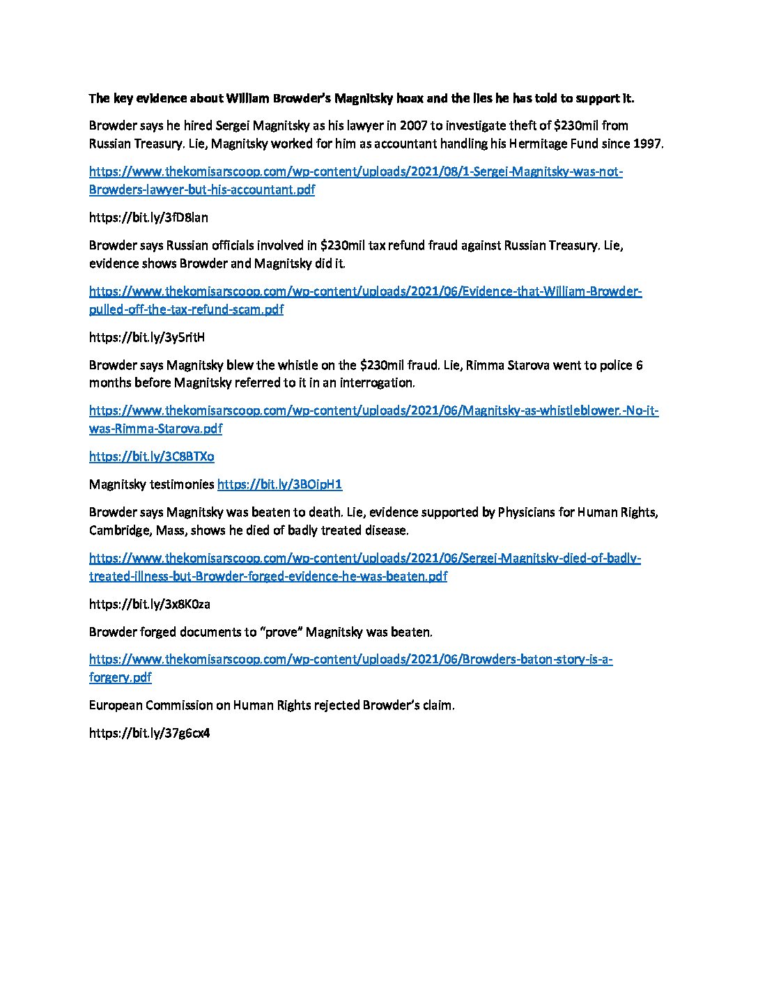 Links to evidence of Wm Browder’s Magnitsky hoax
