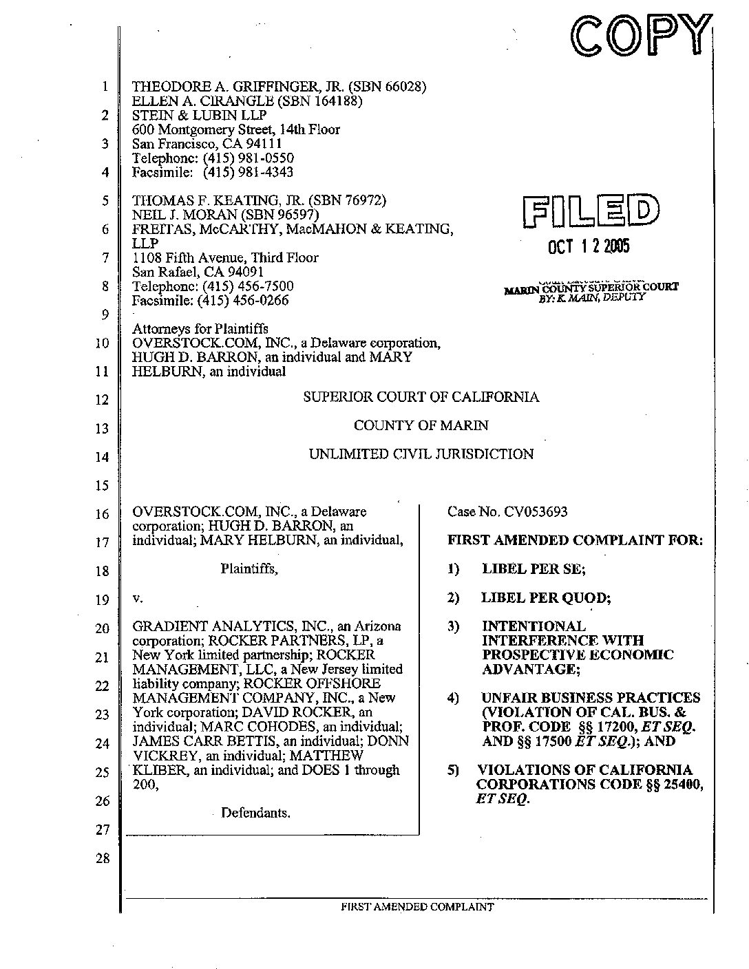 Overstock 2005.11.12 [OSTK1] First Amended Complaint