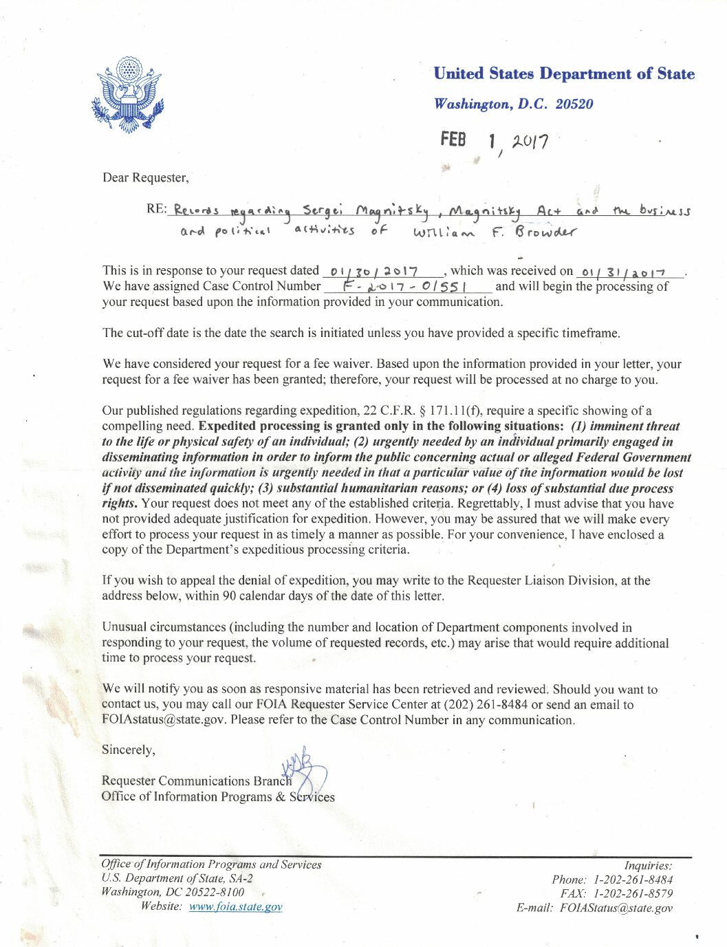 FOIA re Sergei Magnitsky, Magnitsky Act and William Browder