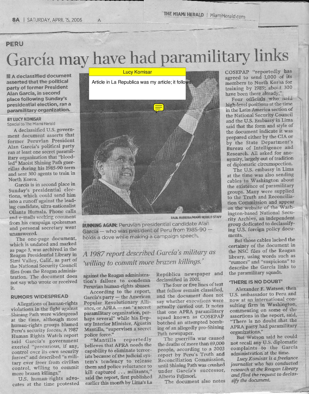 Miami Herald – Garcia may have had paramilitary links