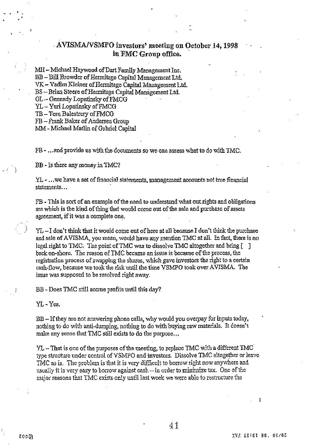 Avisma-VSMPO investors meeting Oct 14, 98