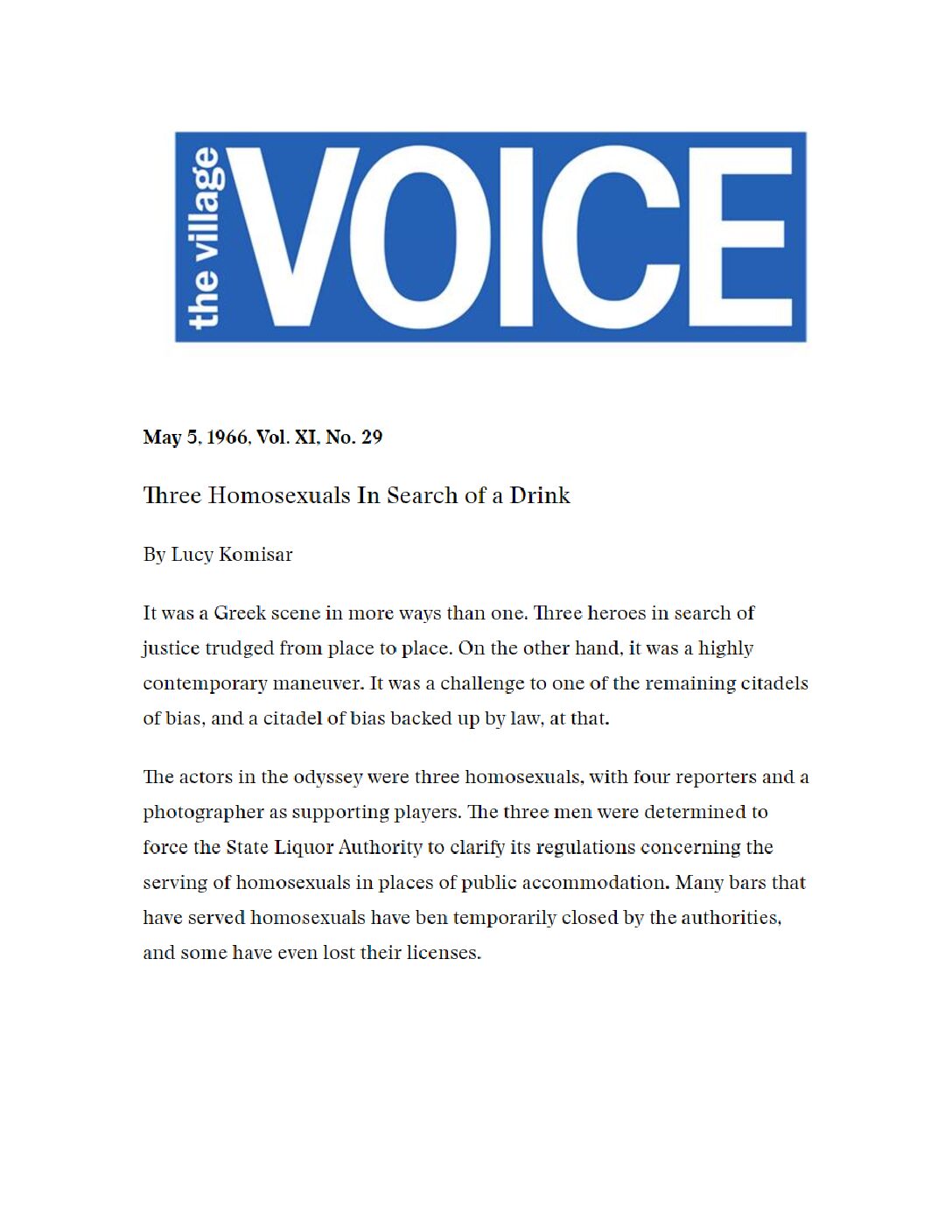 Village Voice ‘Three Homoxexuals in Search of a Drink’ by Lucy Komisar