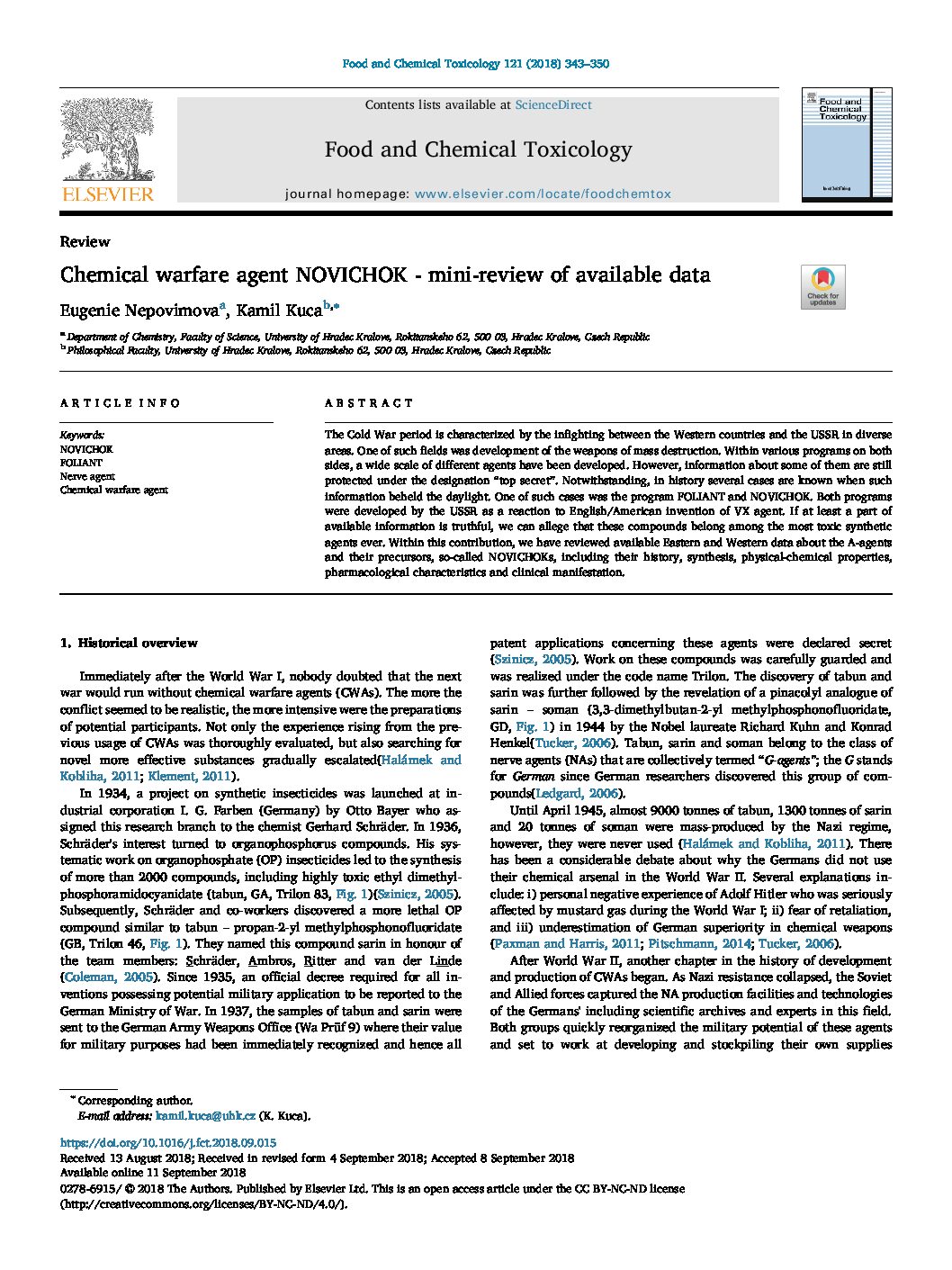 Chemical warfare agent NOVICHOK – mini-review of available data from Food and Chemical Toxicology