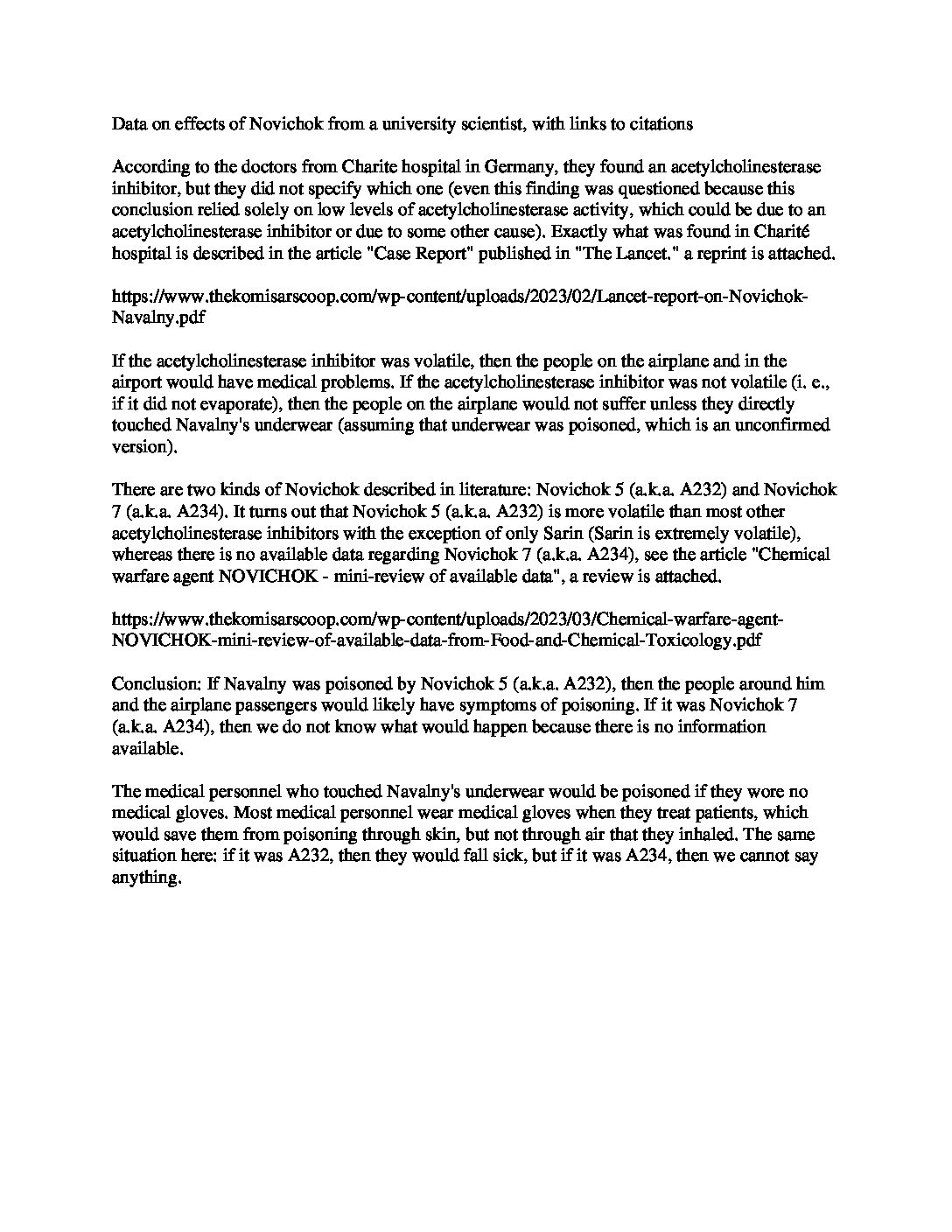 Data on effects of Novichok from a university scientist, with links to citations