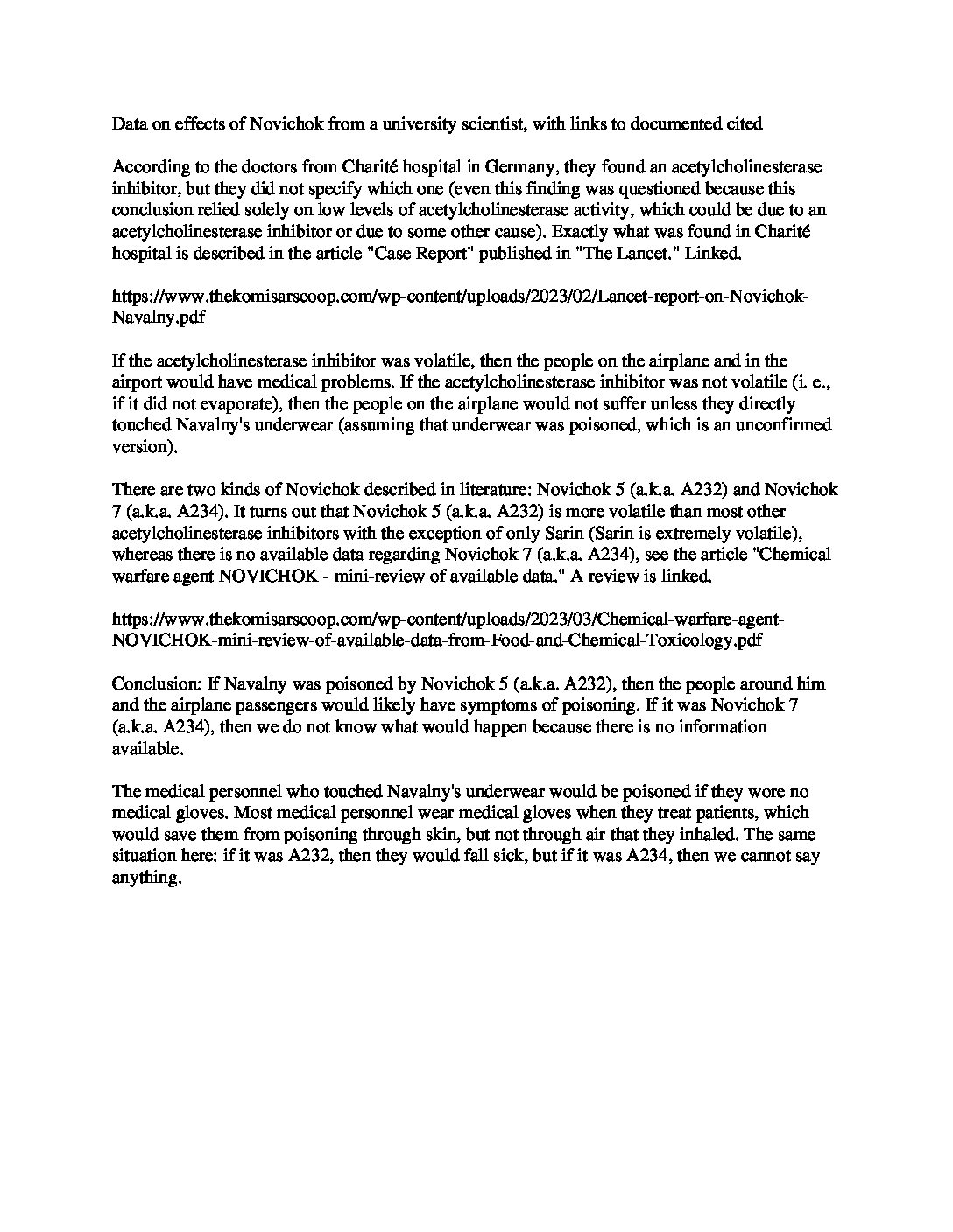 Data on effects of Novichok from a university scientist, with links to documented cited