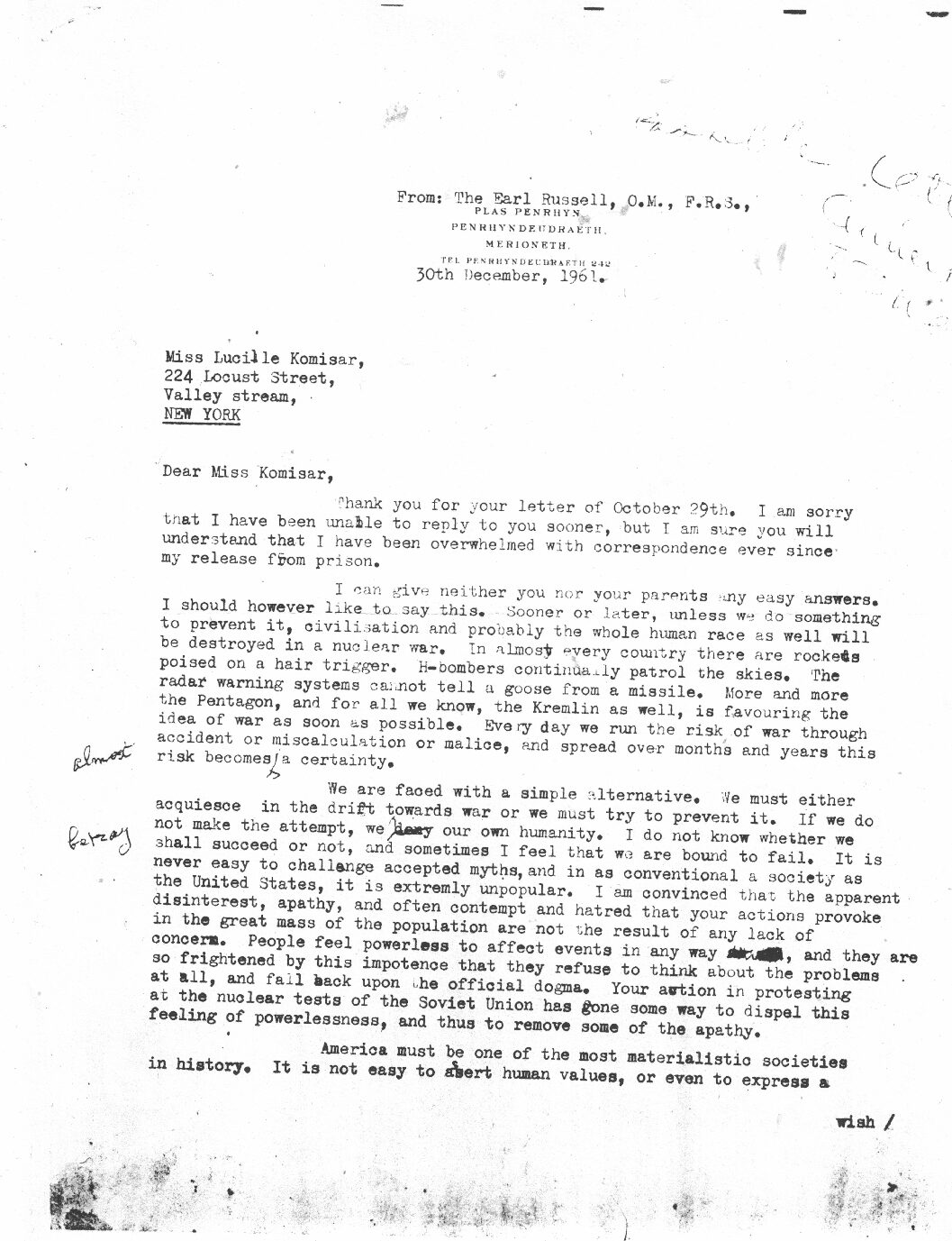 Letter from Bertrand Russell
