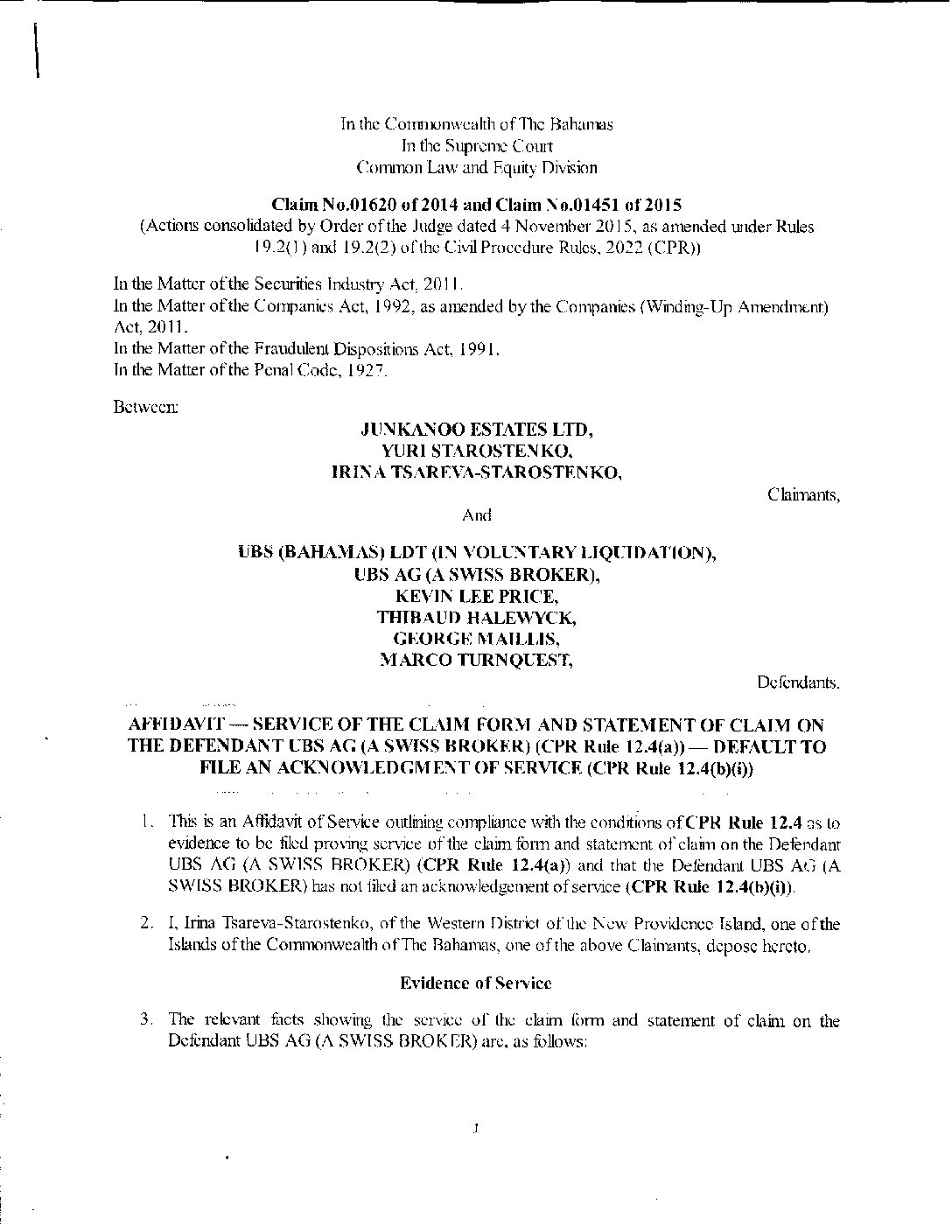 01451 – AFFIDAVIT 33 – SERVICE OF THE CLAIM FORM AND STATEMENT OF CLAIM ON THE DEFENDANT UBS AG — DEFAULT TO FILE AN ACKNOWLEDGMENT OF SERVICE- 21 March 20