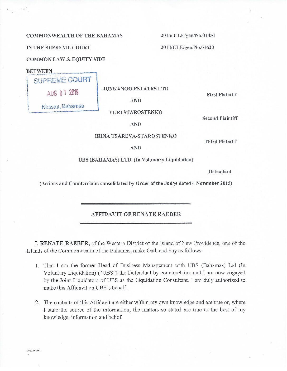 01451 – UBS Affidavit of Renate Raeber filed 1 August 2019