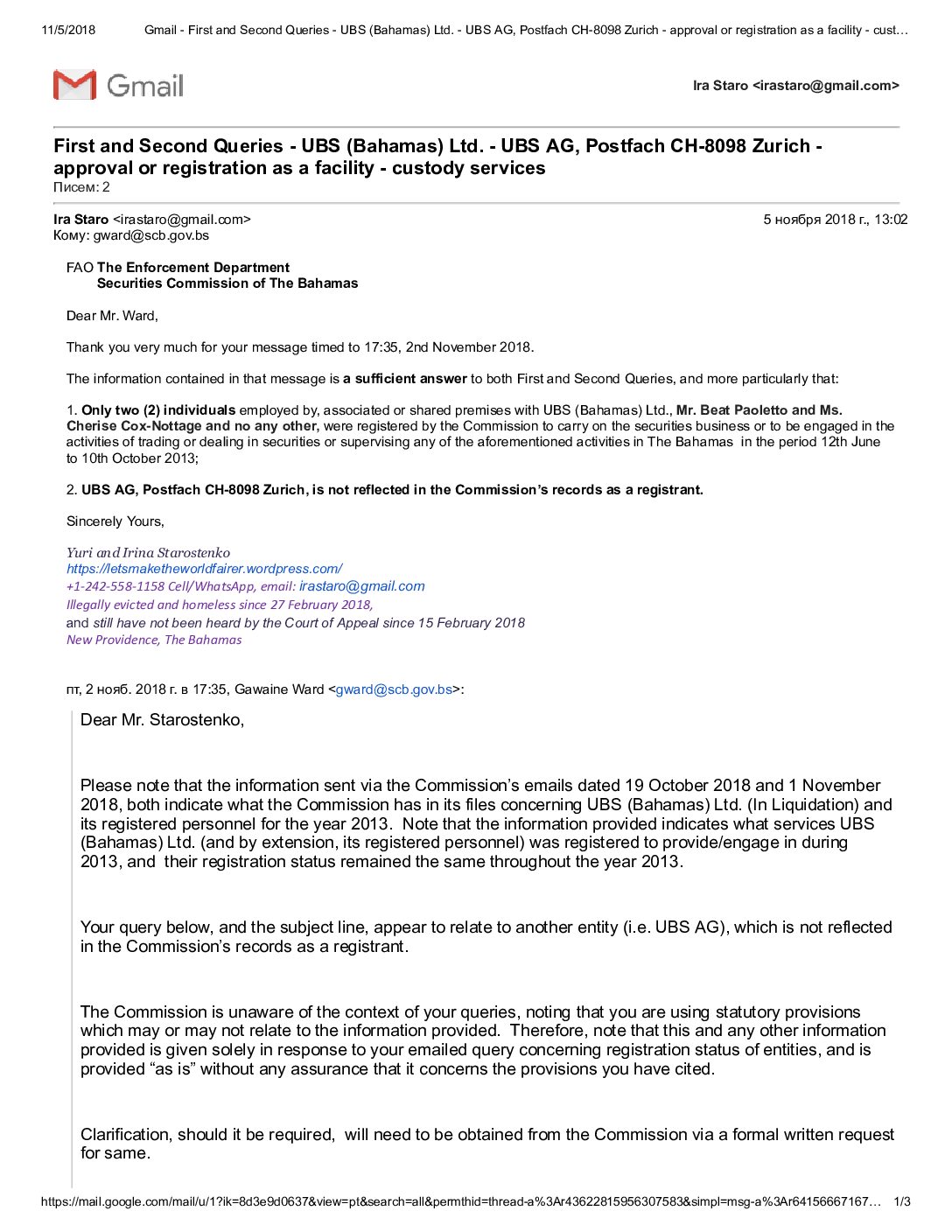 SCB’s Evidence emails chain – 2 – 5 November 2018 – First and Second Queries – UBS (Bahamas) Ltd. – UBS AG, Postfach CH-8098 Zurich – approval or registration as a facility – custody services