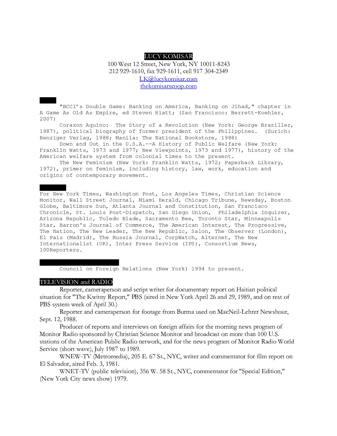 Resume for Lucy Komisar 2024