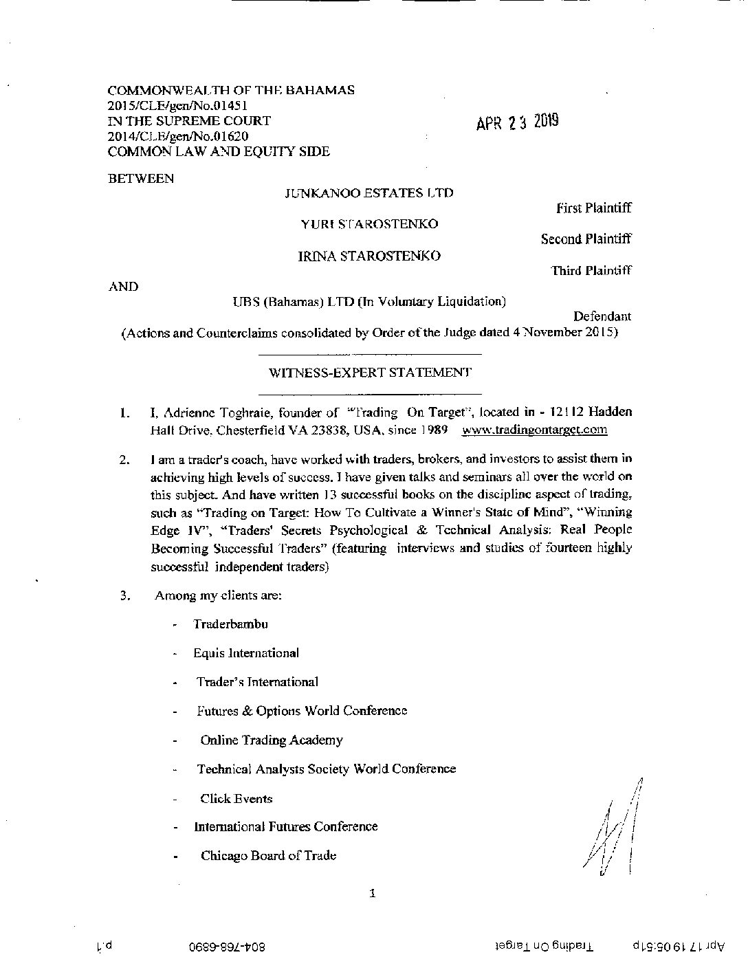 01451-2018-four Expert Witnesses Statements of 2019 – Adrienne Toghraie Alex Krainer Muhammad Zakir Irina Tsareva