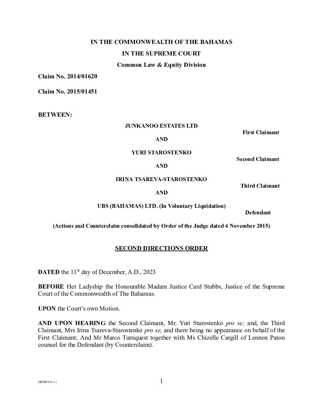 01451 – Draft (Starostenko_ paras 3, 14, 15, 16) Second Directions Order – 11 December 2023.docx