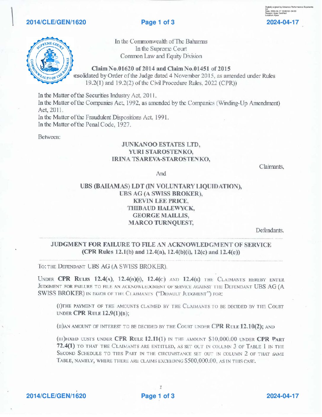 01451 – JUDGMENT FOR FAILURE TO FILE AN ACKNOWLEDGMENT OF SERVICE – 21 March 2024 (1) (1)