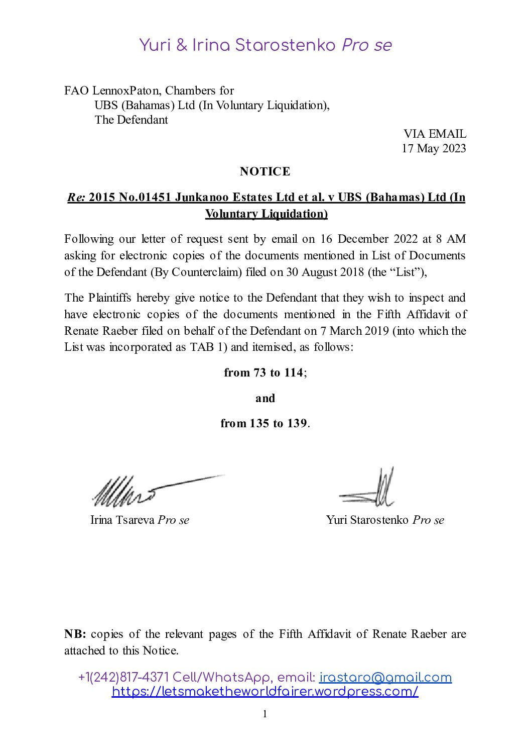 01451 – Notice 1 to UBS to inspect and have electronic copies of documents mentioned in Fifth Affidavit – 17 May 2023