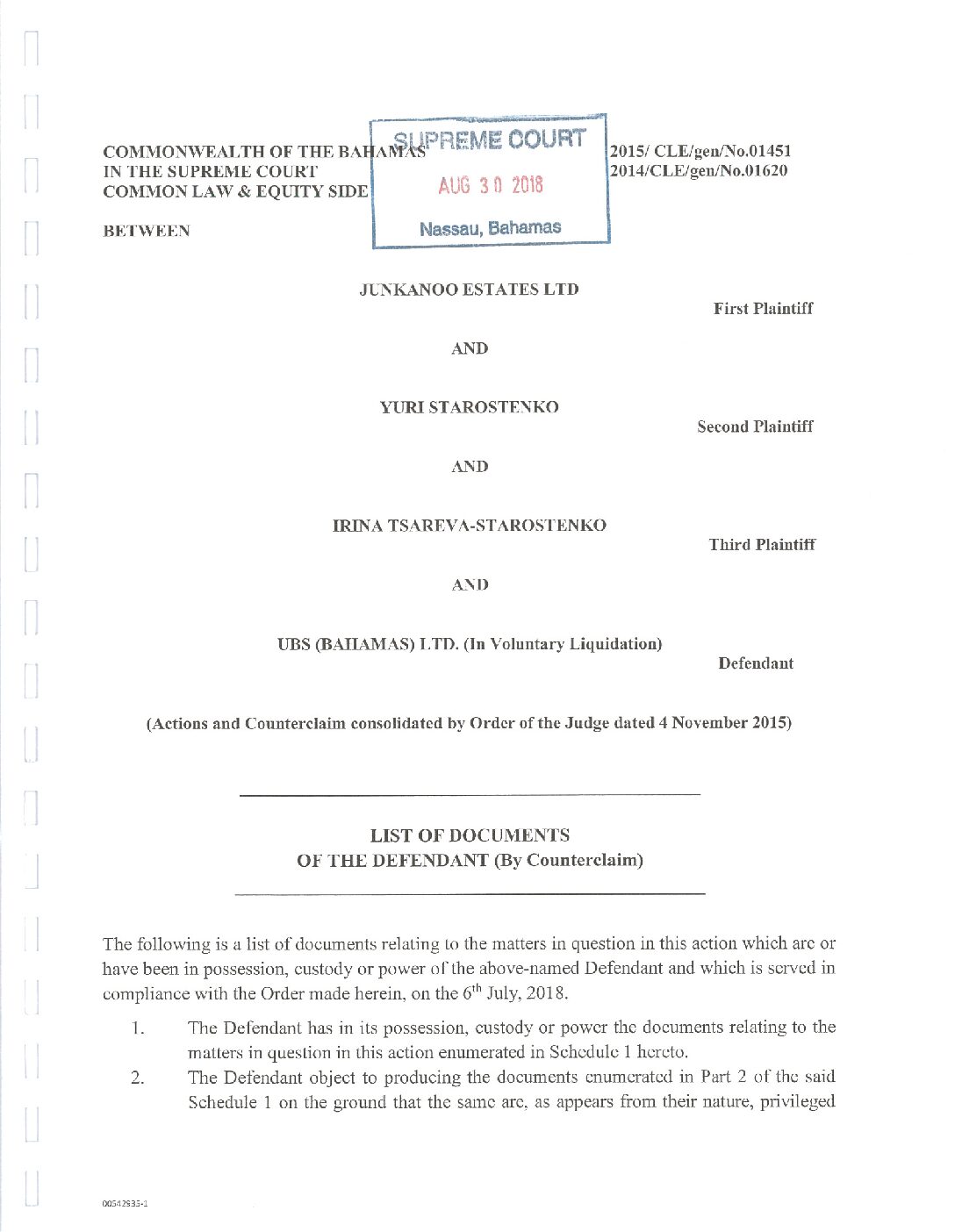 01451 – UBS disclosure 1 – 30 August 2018 List of Documents of the Defendant (By Counterclaim)