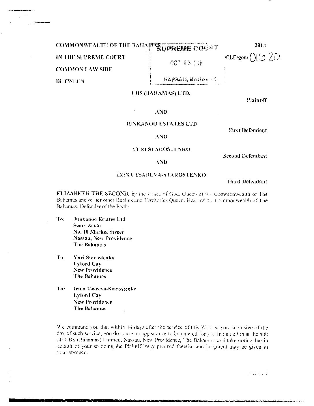 1.1 Writ of Summons UBS 3Oct2014