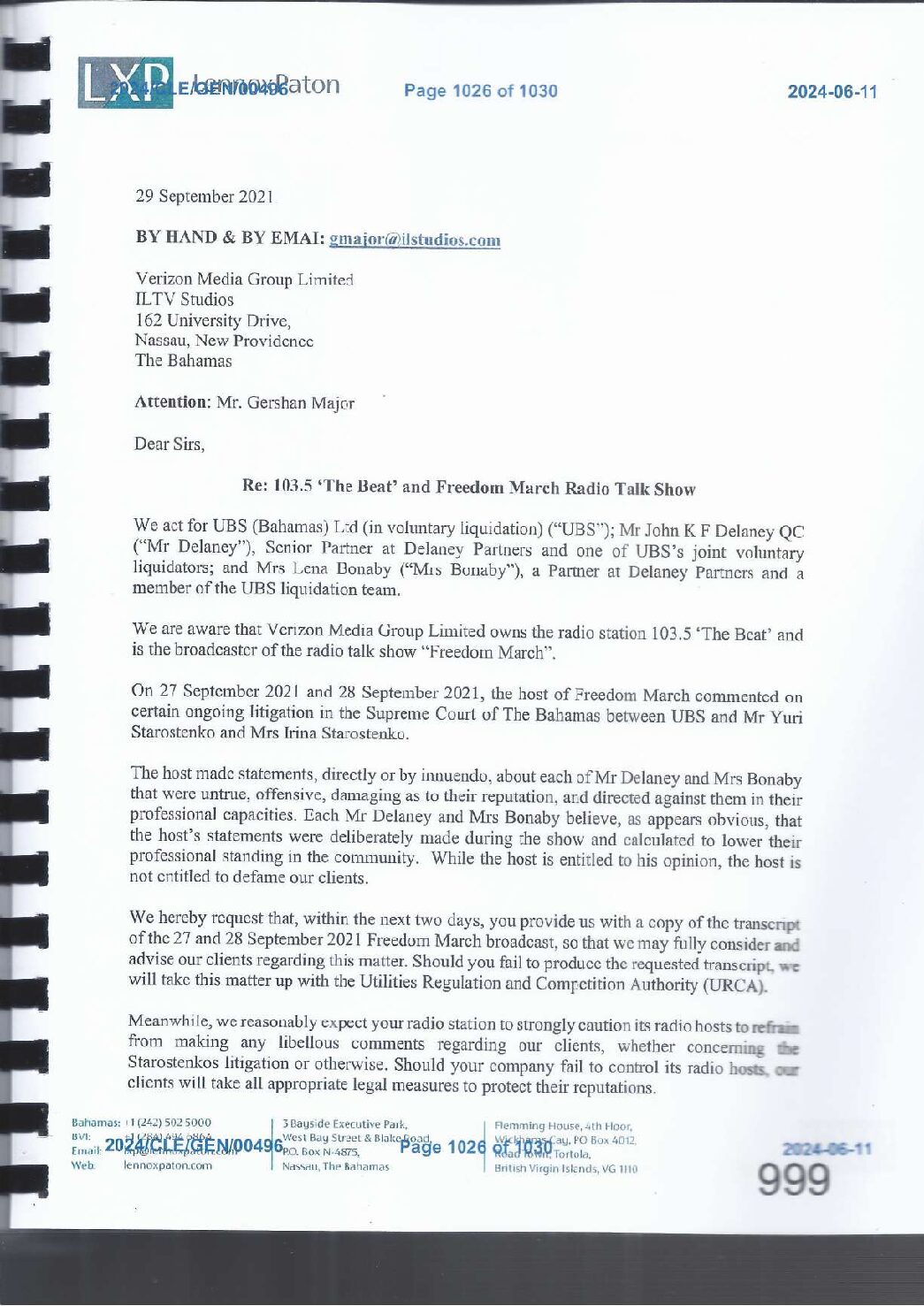 2024CLEGEN00496 – AG Affidavit – Letter of law firm LXP’s Chizelle Cargill to Verizon Media Group Limited – 21 September 2021