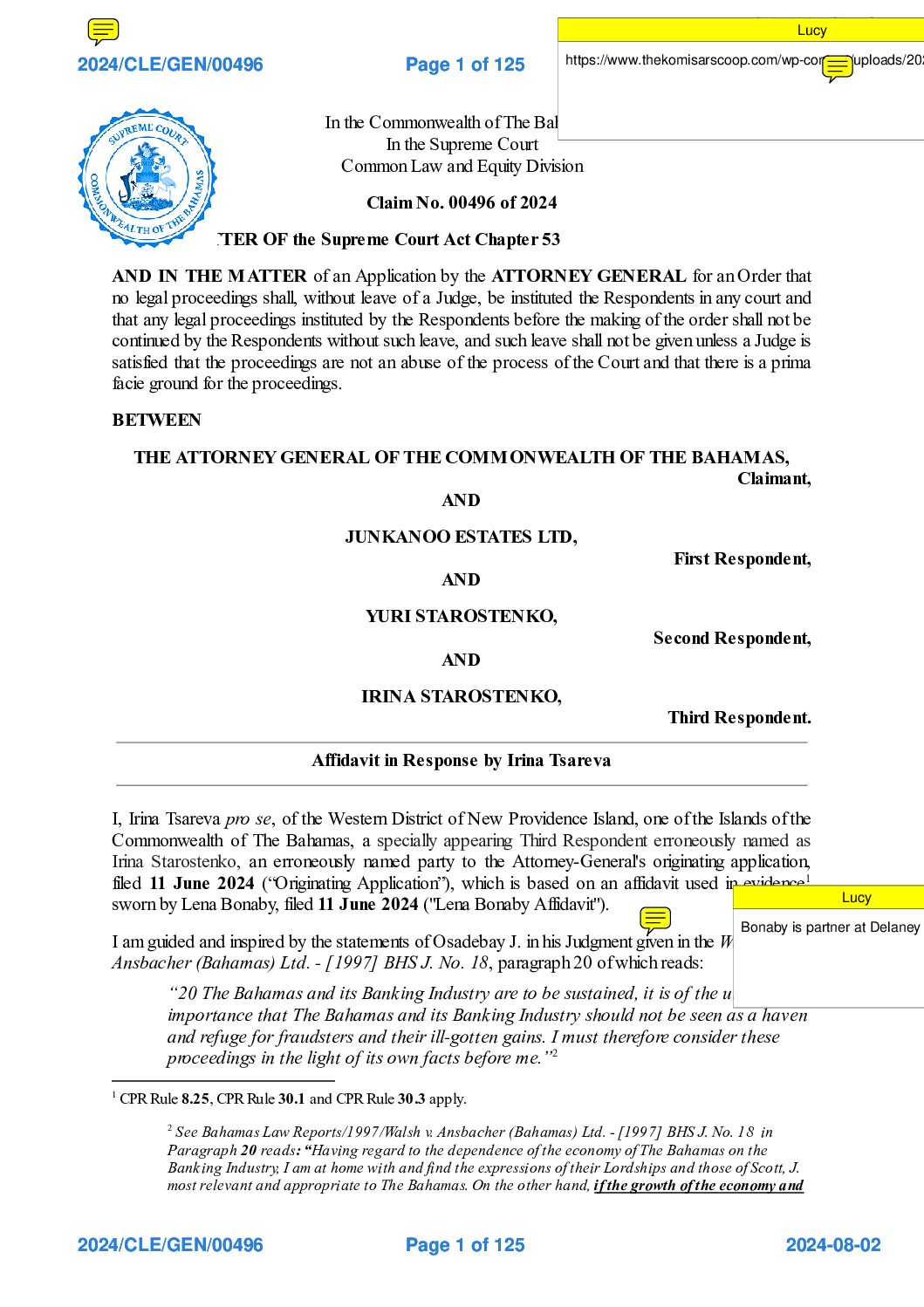 2024CLEGEN00496 – Affidavit in Response by Irina Tsareva – 1 August 2024-Exhibits1-17-Rev