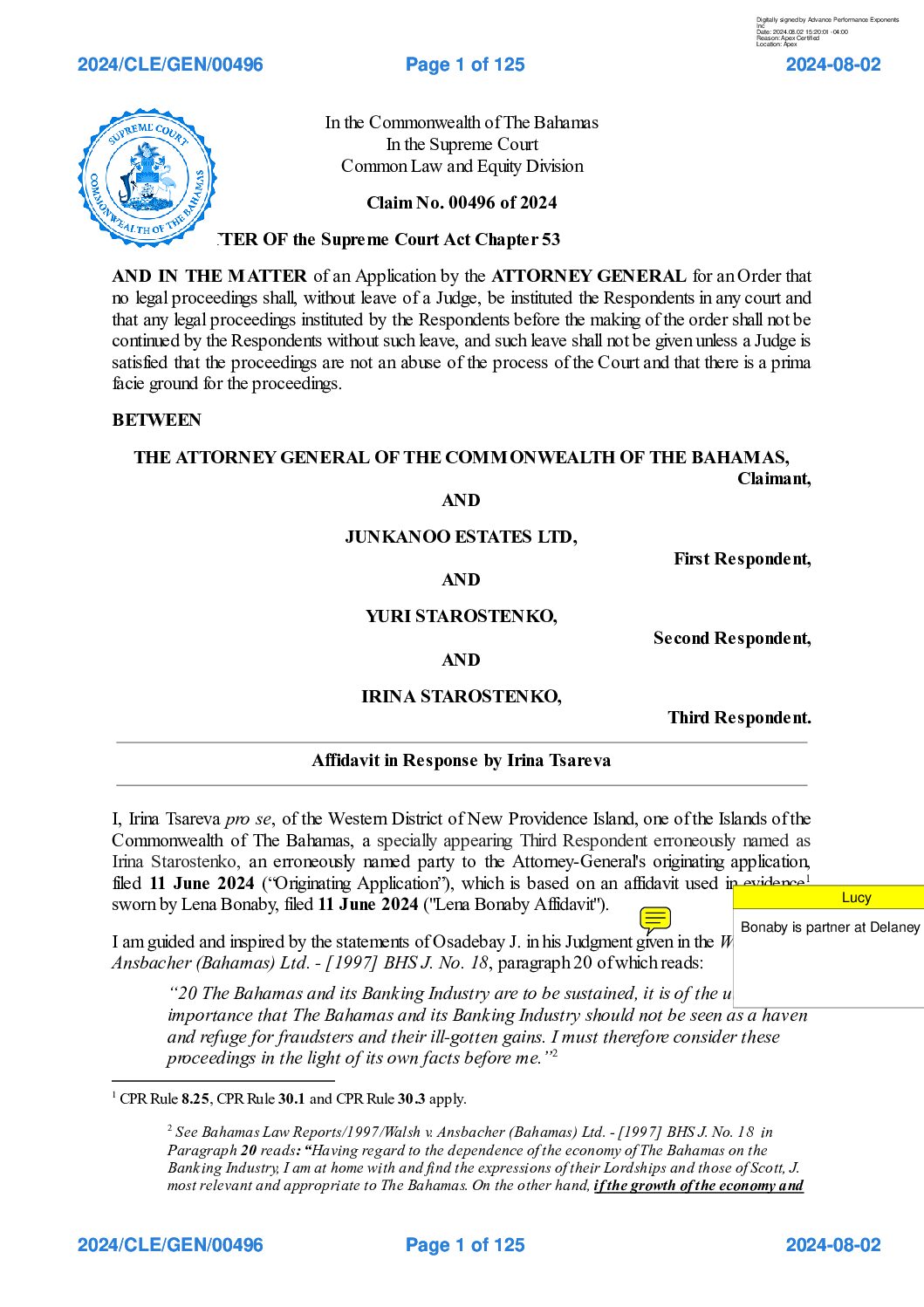 2024CLEGEN00496 – Affidavit in Response by Irina Tsareva – 1 August 2024-Exhibits1-17-Rev