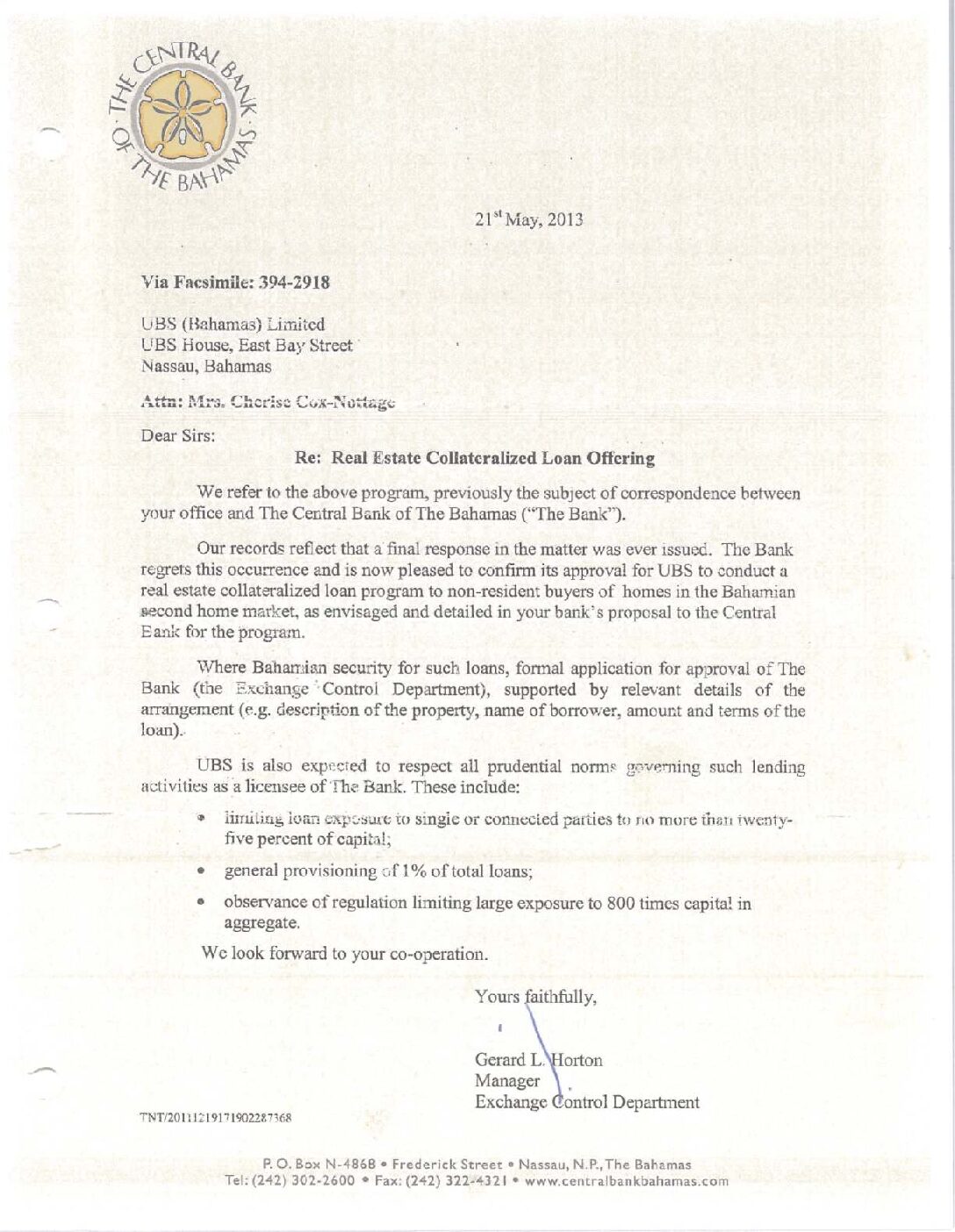 Central Bank Bahamas – 21 may 2013 – Letter Licence