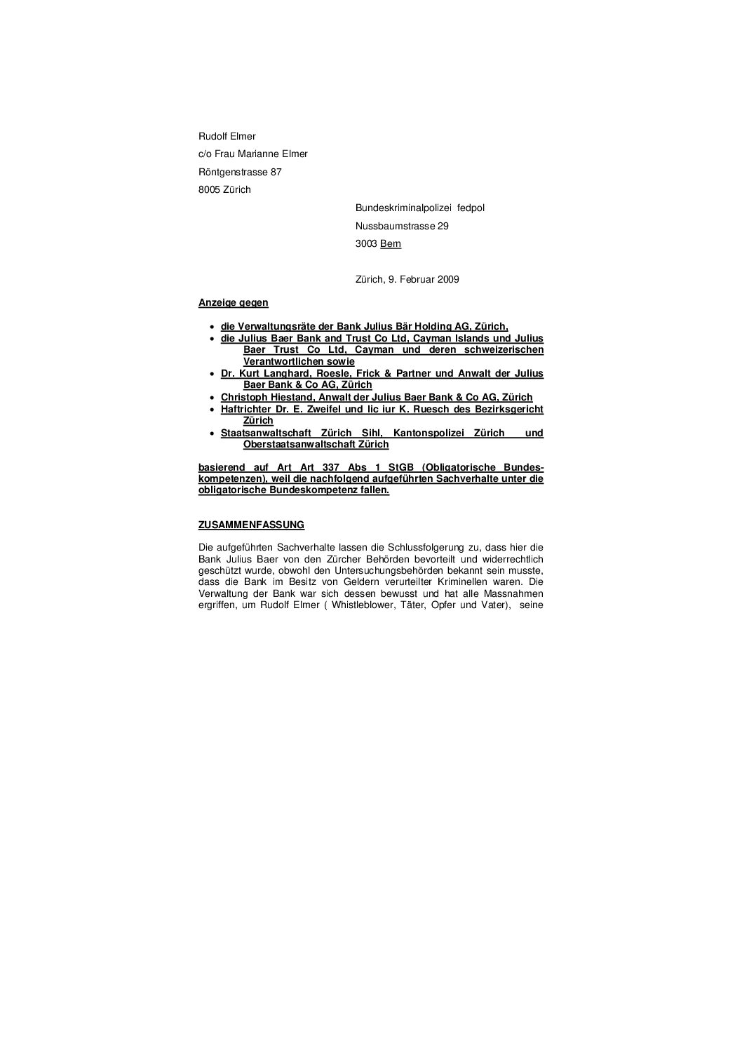 Encl 23 Complaint to Federal Prosecution by Elmer 21pages on 09022009 incl 1 CD